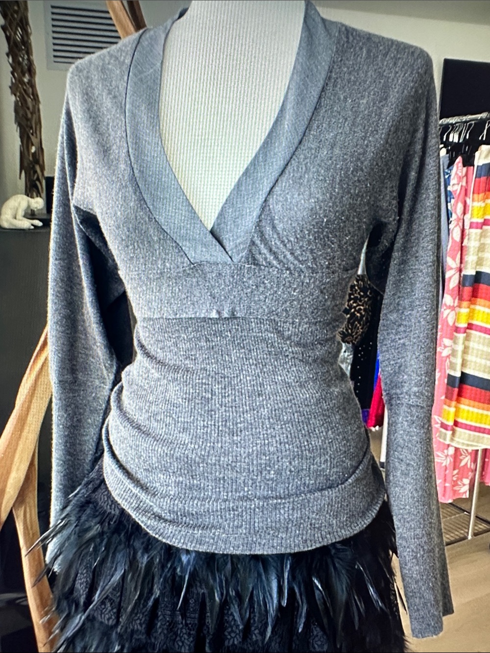 Brunello Cucinelli Heather Gray V-Neck Ribbed Knit Sweater